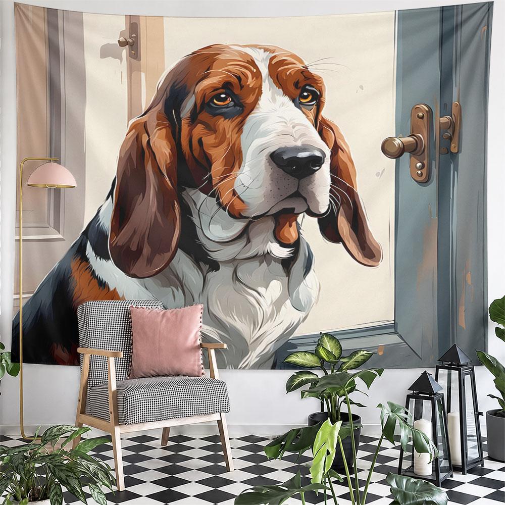 "Thoughtful Basset Hound by Door" Pattern Wall Hanging Tapestry Decorative Tapestry Home Decor for Bedroom and Living Room