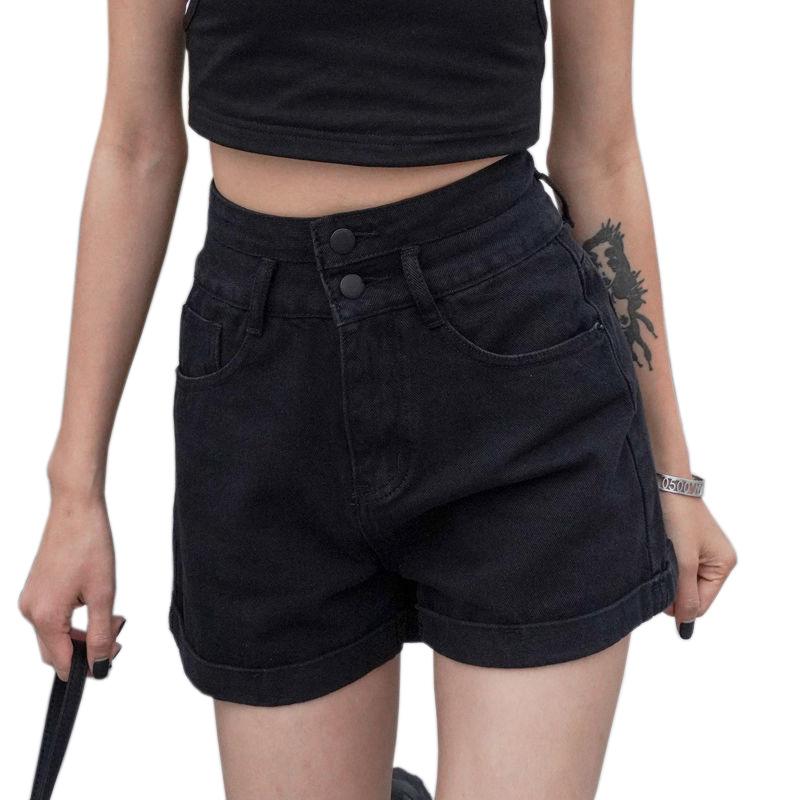 Классическая и минималистская мода, универсальные, ультра-высокая талия, две пуговицы, женские, подвернутые края, летние, черные, тонкие, джинсовые шорты, индивидуальность, трендовость