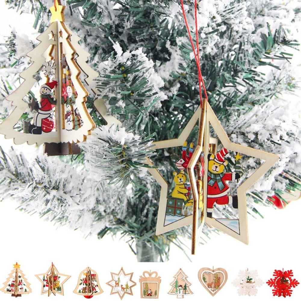 Pentagram Christmas Wooden Ornaments 2D/3D Merry Christmas Wooden Pendant Colorful DIY