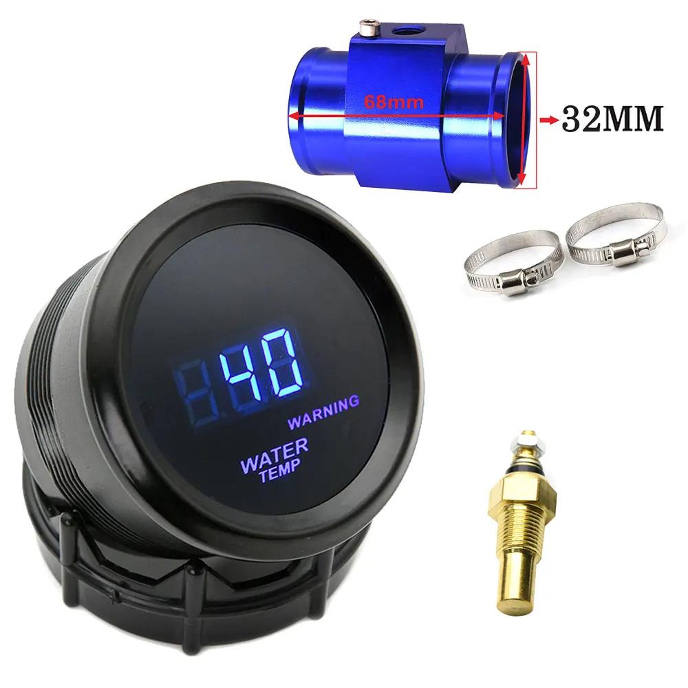52mm Water Temperature Gauge Blue LED Light with 16mm-40mm Joint Pipe Adapter Black/Blue with Water Temp 1/8NPT Sensor