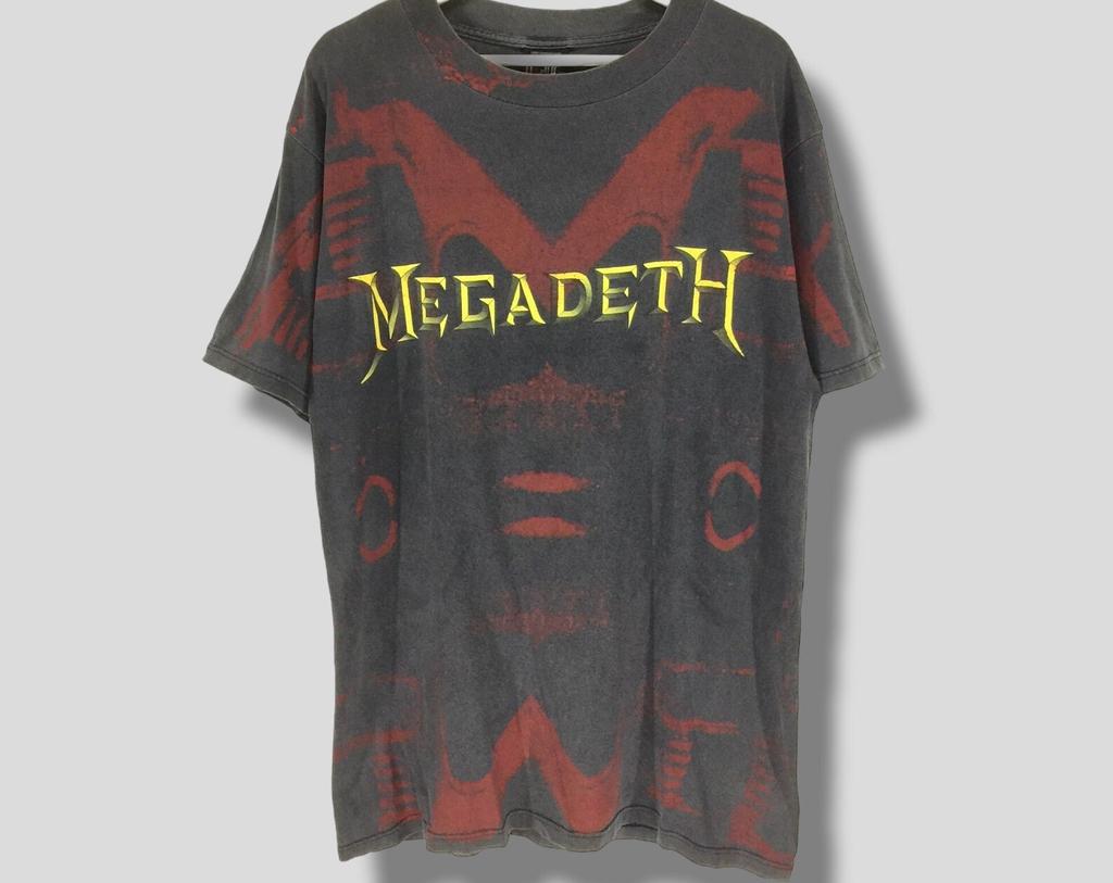 Винтажная футболка Megadeth 90-х с принтом по всей поверхности Американский трэш-метал Концертный тур Коллекционная футболка группы AOP GianT-Shirt черная Размер L