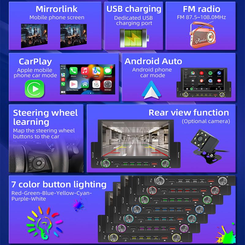 Автомобильное радио Hippcron, 1din CarPlay, Android Auto, Bluetooth, мультимедийное видео, MP5-плеер, 6,2-дюймовый сенсорный экран с пультом дистанционного управления