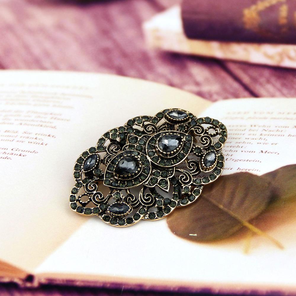 Grey Crystal Brooch Women's Brooch Antique Gold Color Bohemian Flower Scarf Pin Bridal Party Jewelry