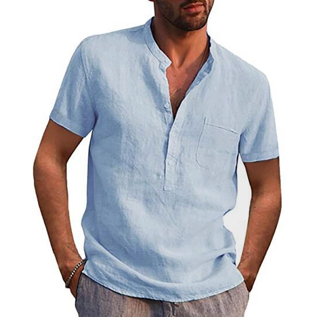 Дизайнерские весенне-летние мужские повседневные рубашки из хлопка и льна, однотонные рубашки с короткими рукавами, свободные рубашки с воротником-стойкой