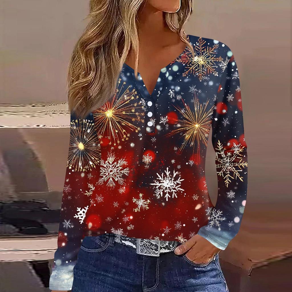 Женская футболка с рождественским принтом на пуговицах с длинным рукавом, повседневная, выходного дня, модная, базовая, с V-образным вырезом, обычная