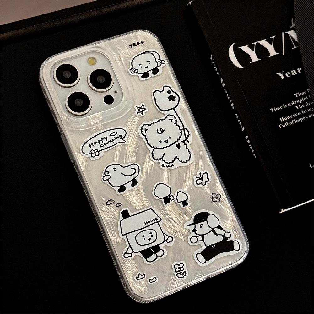 Simple Ins Sticker Wind Bear Stand Mobile Phone Case Apple 15 Promax for IPhone 13/16 Feather Yarn