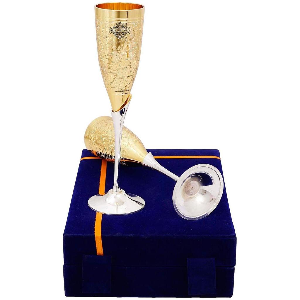 Набор из 2 посеребренных бокалов для шампанского из латуни с золотой полировкой и в синей коробке, лучший для вечеринок, вместимость - 200 мл