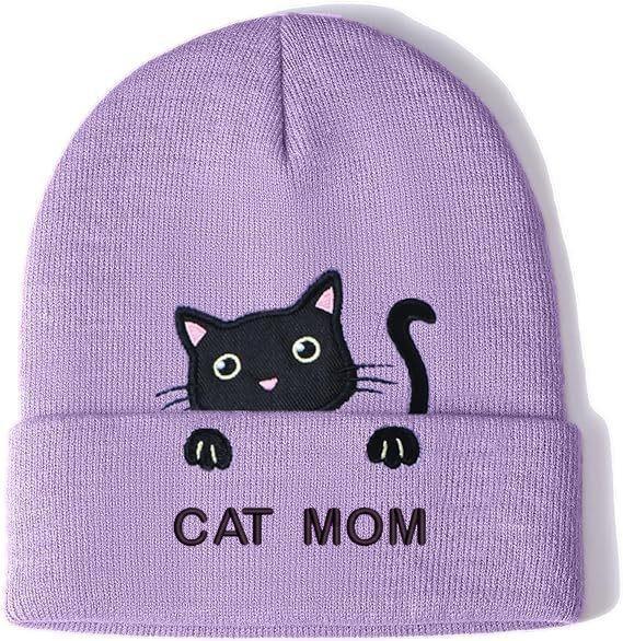 Kitten cat mom dad embroidery flower knitted hat wool hat outdoor cycling warm hat