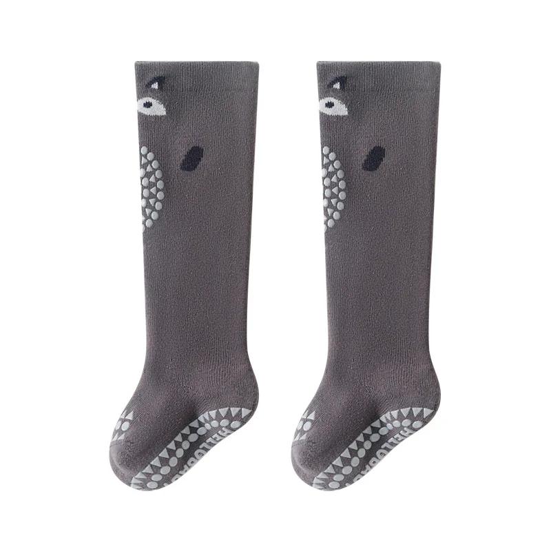 Мультяшные носки до середины икры с изображением животных, противоскользящие носки для малышей, зимние утолщенные теплые гольфы выше икры