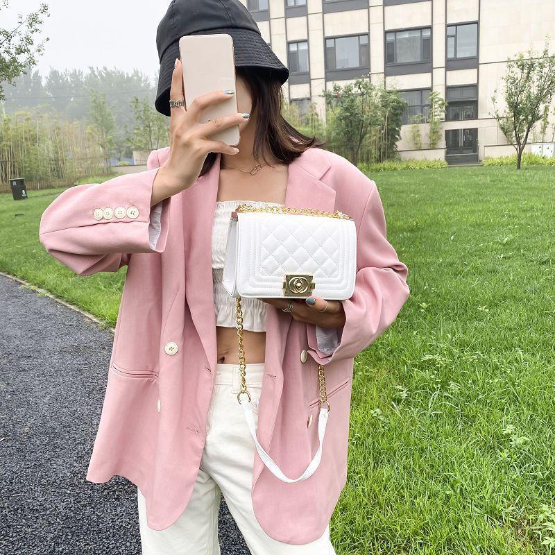 Women Solid Color Lock Buckle Lingge Square Crossbody Bag Leisure PU Chain Inclined Shoulder Bags Adjustable Band Strap