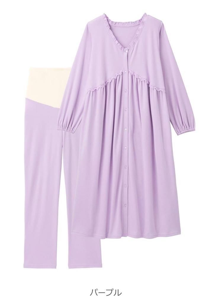 Пижама для беременных с открытым передом и длинными рукавами, хлопковая смесь, мягкая, гладкая, с переключением, сборками, для госпитализации, размер L, фиолетовая [ANGELIEBE] дородовая/послеродовая