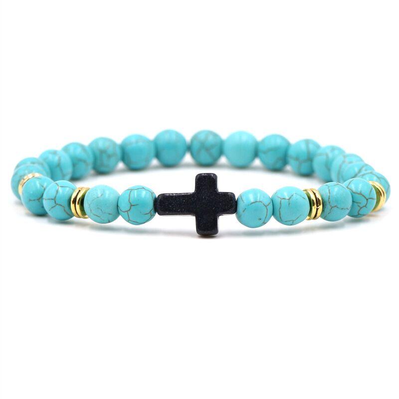 8MM Bright Frosted Stone Cross Bracelet Muticolor Beads Bangle for Women Men Fashion Pray Bracelets Jewelry Elastic Rope