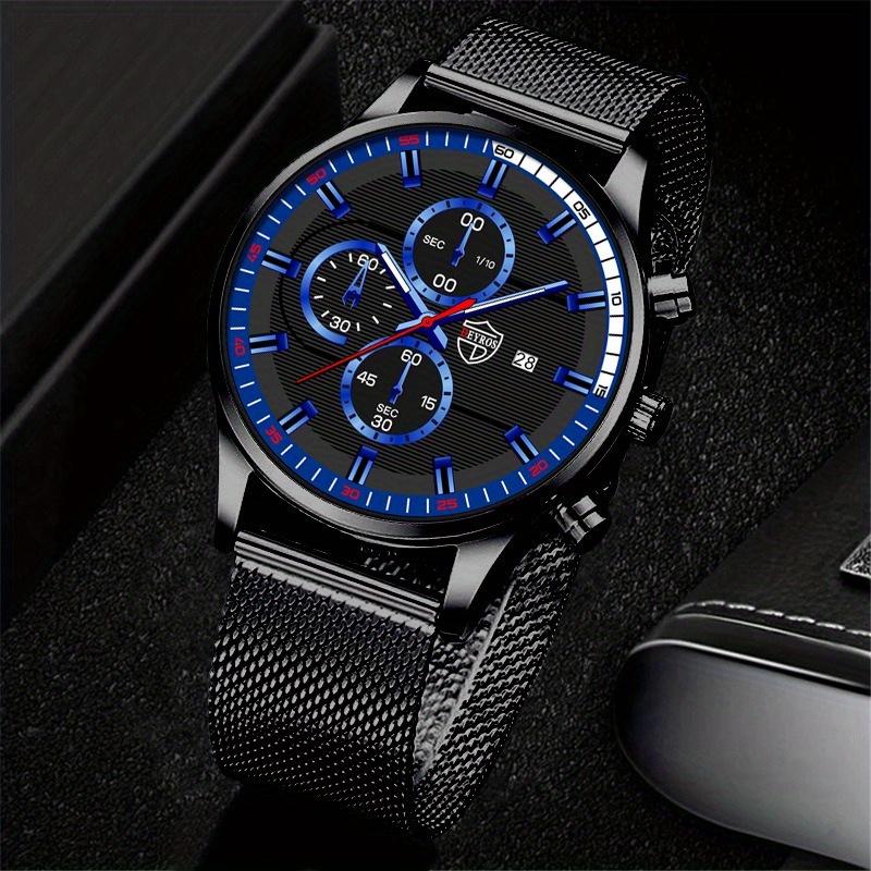 3pcs/set 1pc Fashion Men's Calendar Business Quartz Watch with Stainless Steel Mesh Band & 1pc Bracelet & 1pc Necklace