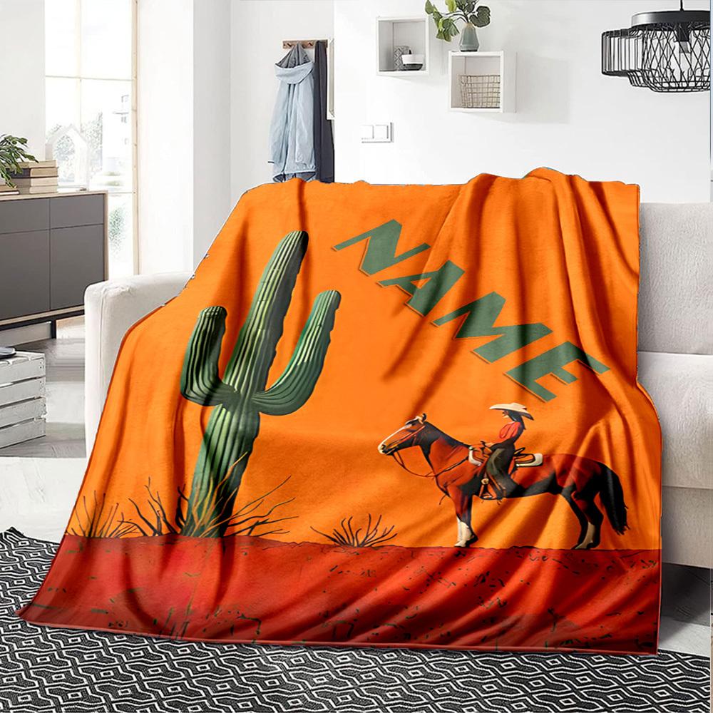 Desert Rider With Cactus Cozy Customizable Blanket Personalized Text Ultrasoft Suitable For Sofa Couch Office Bed Picnics Ideal For All Seasons