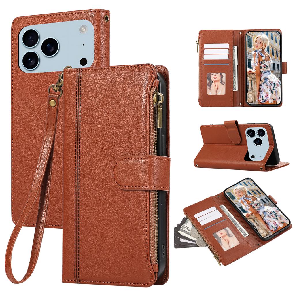 For iPhone 17 Pro Max Case Multi Card Slots Zipper Leather Phone Cover with Wrist Strap
