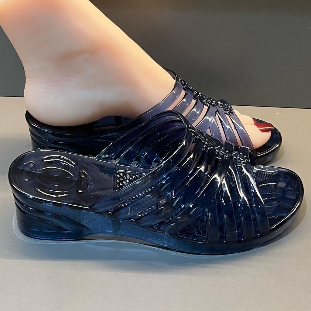 New Slope Heel Slippers for Women Anti Slip Summer Jelly Shoes Height Increasing Crystal Slippers for Women Thickened Bottom for Going Out