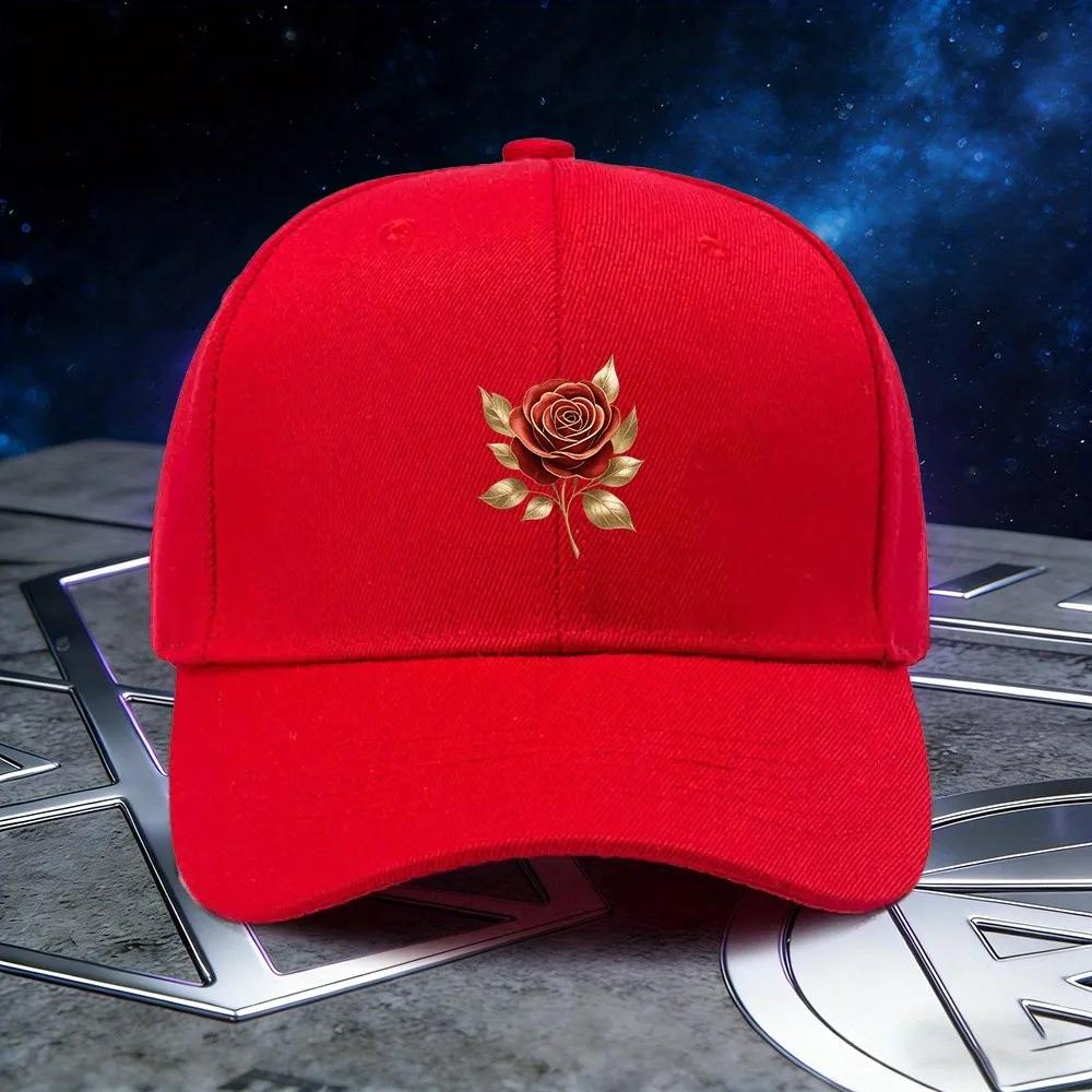 Gold Rose Print Baseball Cap Unisex Polyester Casual Adjustable Sun Hat