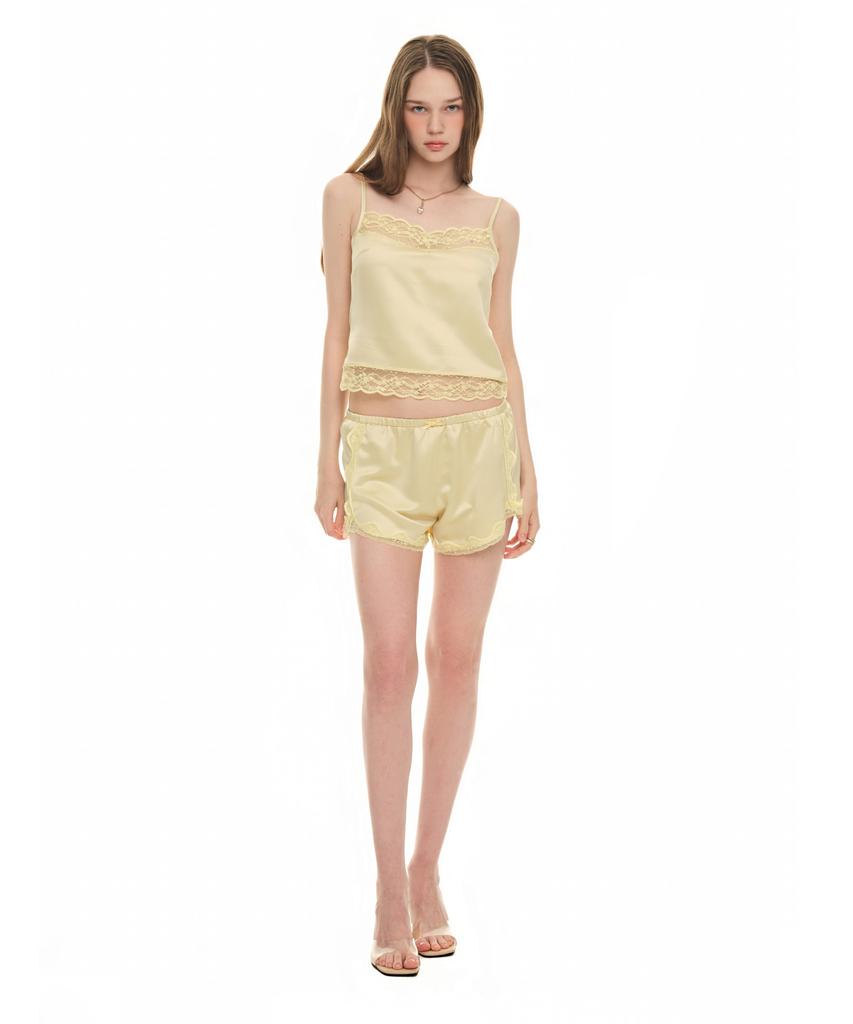 TOOMUCHTAX Lace Trim Slip Shorts Yellow