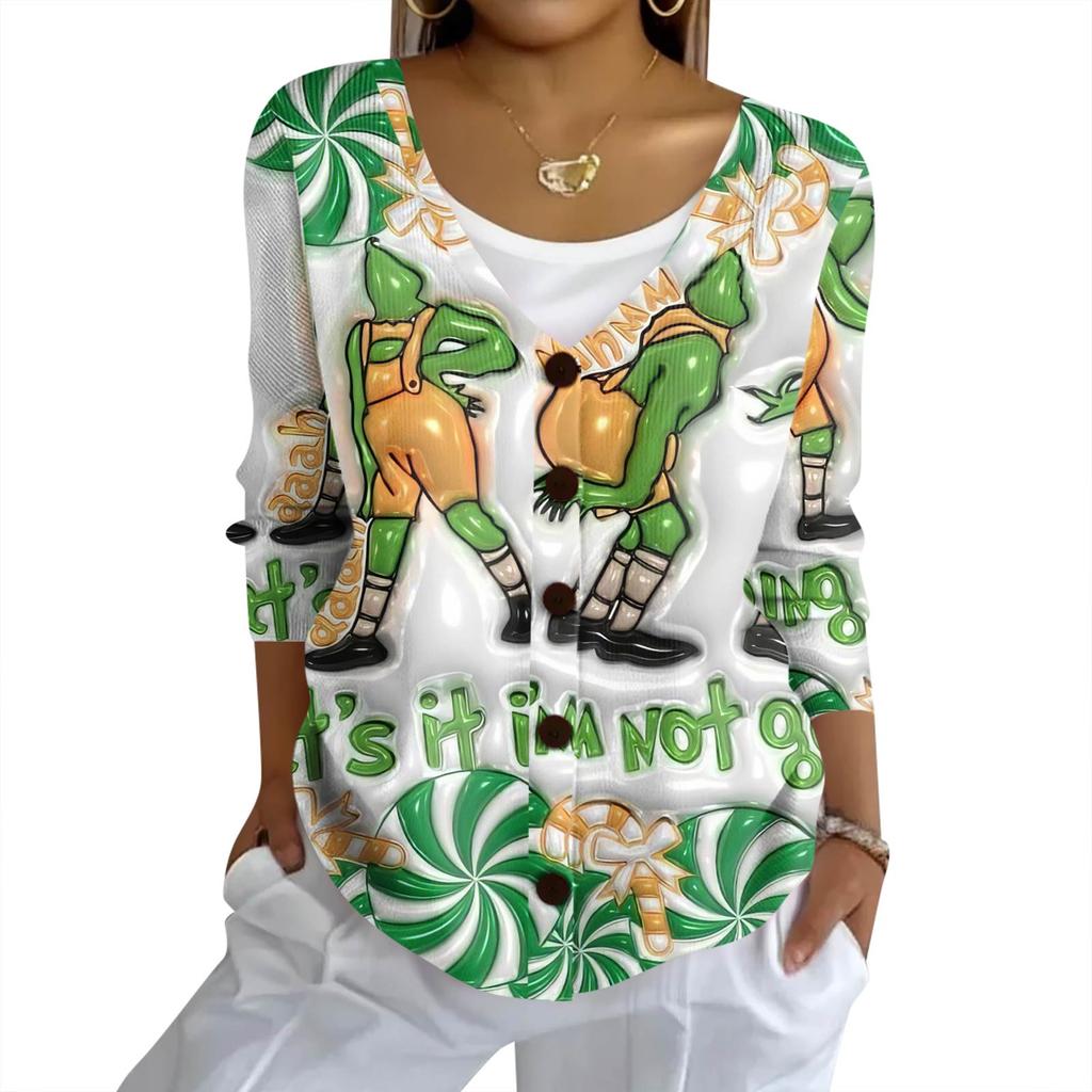 Women's Fashion Casual Knit Sweater Button-Up Christmas Print Cardigan Jacket