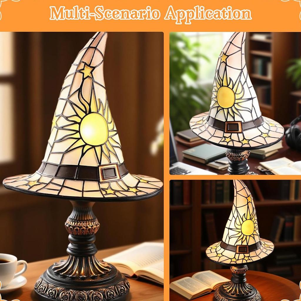 Gothic Halloween Night Light Witch Hat Lamp Handcrafted Resin Decor Mysterious Gothic Charm Ambient Glow