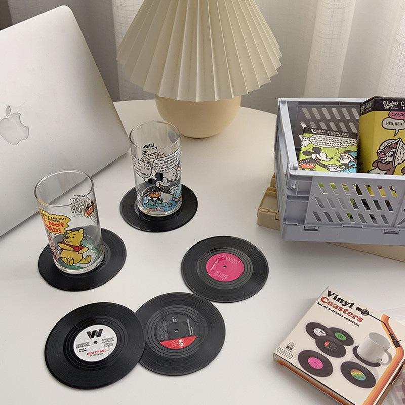 6pc Record Cup Plastic Retro Disk Cup Mat Anti-slip Coffee Coasters Heat Resistant Drink Mug Mat Table Placemat Holder Home Deco