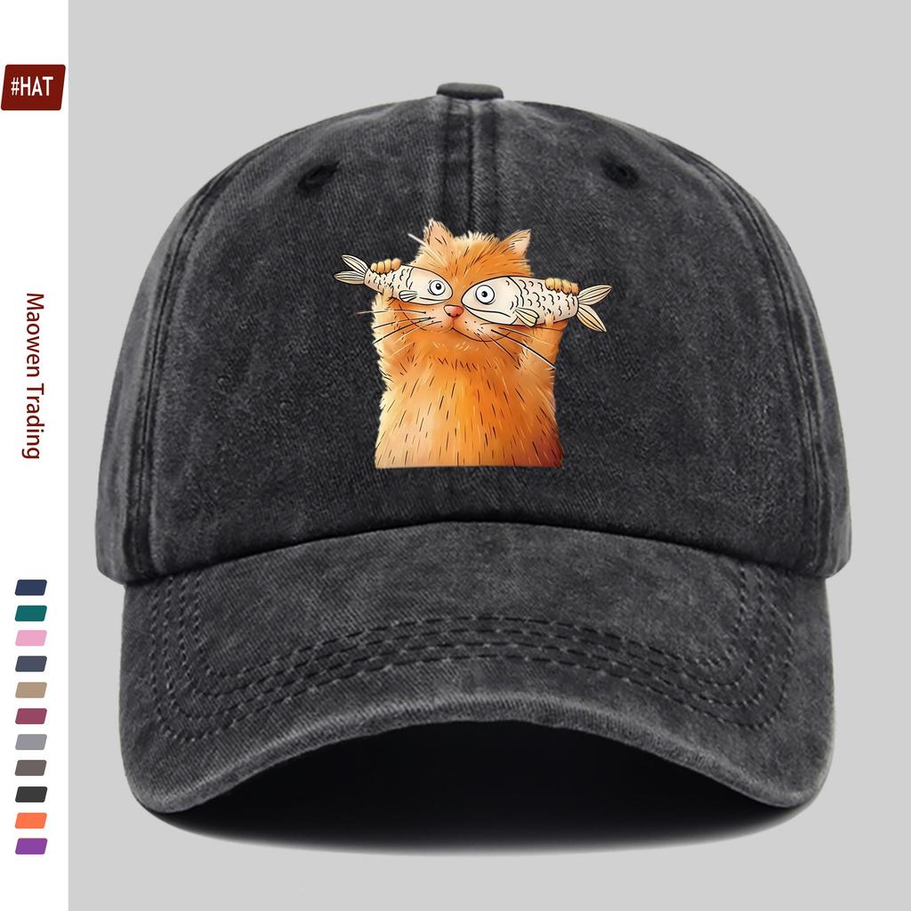 pc Unisex Playful Cat and Fish Pattern Print Baseball Cap Ideal Decorative Hat for Pet Lovers Multiple Colors Available Comf