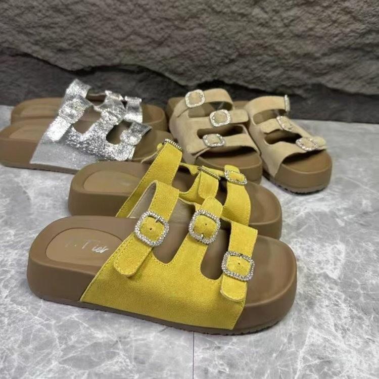 Leather stepping on shit feeling rhinestone belt buckle thick-bottomed beach one-word slippers women's 2025 summer wear one-foot cool slippers