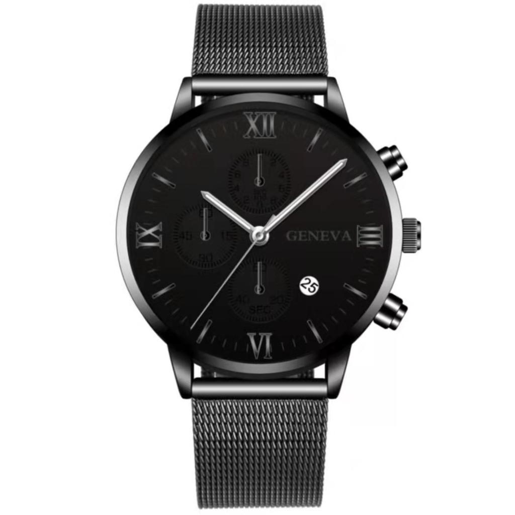 Mesh Belt Men With Calendar, Fake Three-Eye Business Leisure Boys Gift Quartz Watch