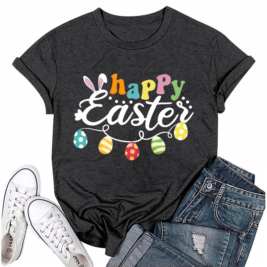 Женская модная пасхальная принтованная повседневная плиссированная круглая футболка с коротким рукавом