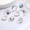 Vintage Geometric Stone Opal Rings Set For Woman Bohemian Antique Silver Color Knuckle Shield Rings Fashion Party Jewelry