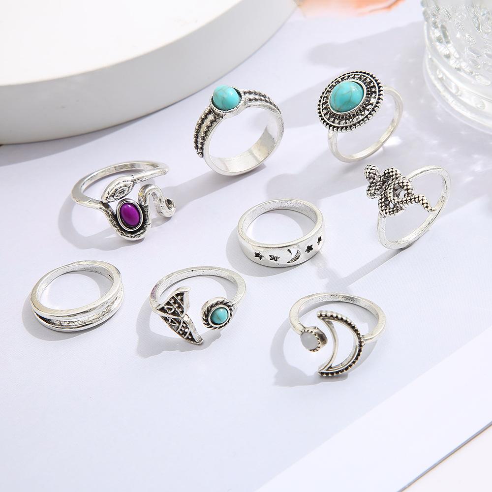 Vintage Geometric Stone Opal Rings Set For Woman Bohemian Antique Silver Color Knuckle Shield Rings Fashion Party Jewelry