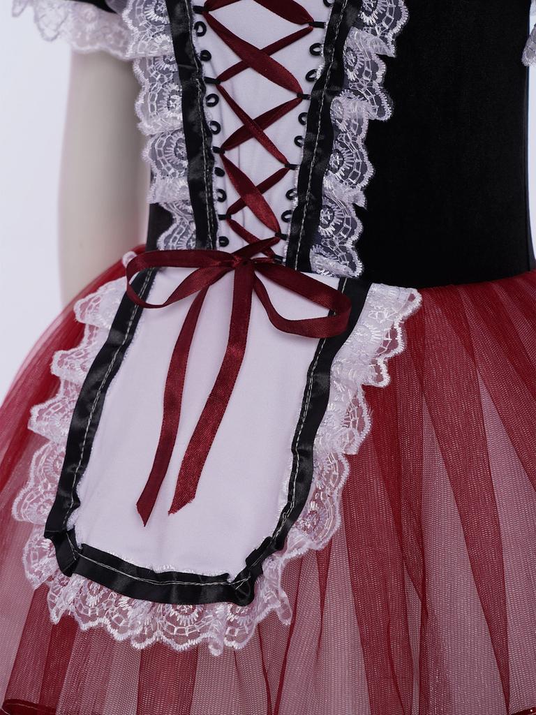 Girls Puff Sleeve Layered Tutu Dress Lace Trim Velvet Bodice Lace Up Back Ballet Costume