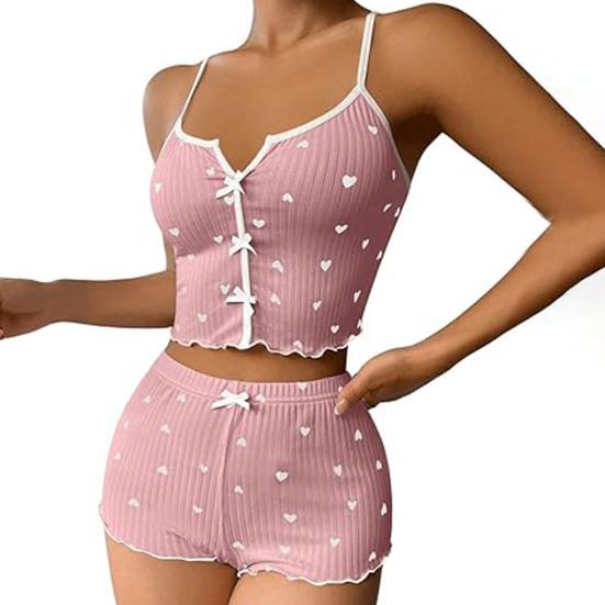2 Pcs/Set Women Vest Shorts Suit Bow Heart Print Sleeveless Shirring Top High Waist Short Trousers Homewear Loungewear Outfit Summer Sleepwear