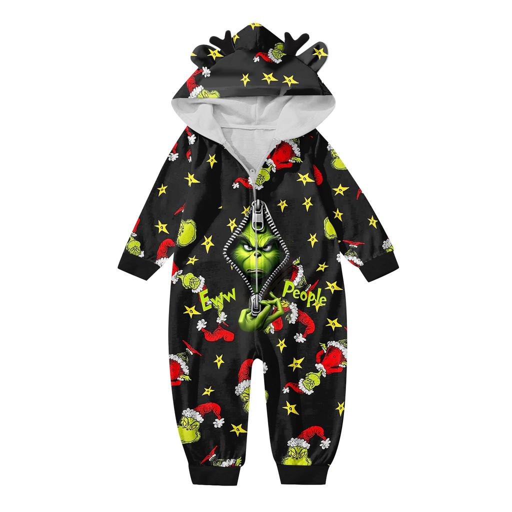 Christmas Print Family Matching Hooded Long Sleeved Zippered Jumpsuit Set