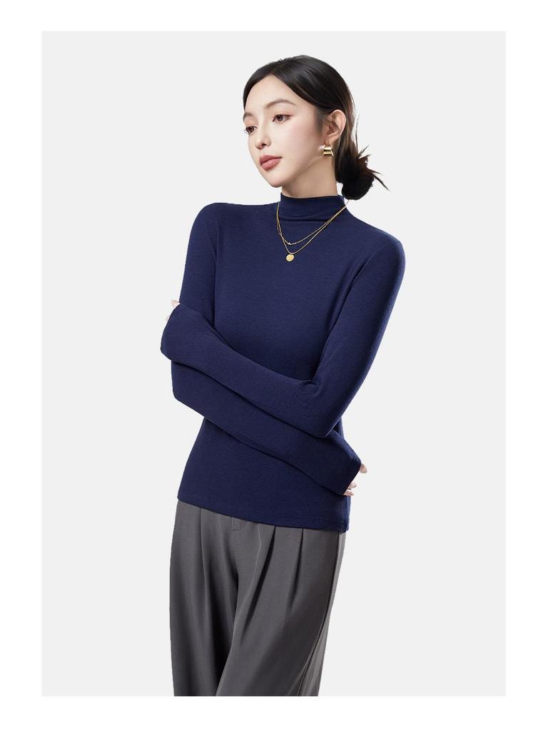 Women's Wool Semi-High Neck Long Sleeve Top - Antibacterial, Slimming, Warm, Versatile for Autumn and Winter