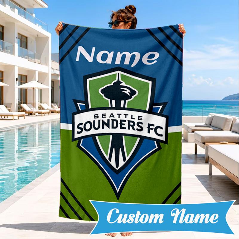 Custom Name Beach Towel Seattle FC Crest Microfiber Beach Towel, Lightweight for Summer Travel, Swimming Pool Fan Birthday Gift