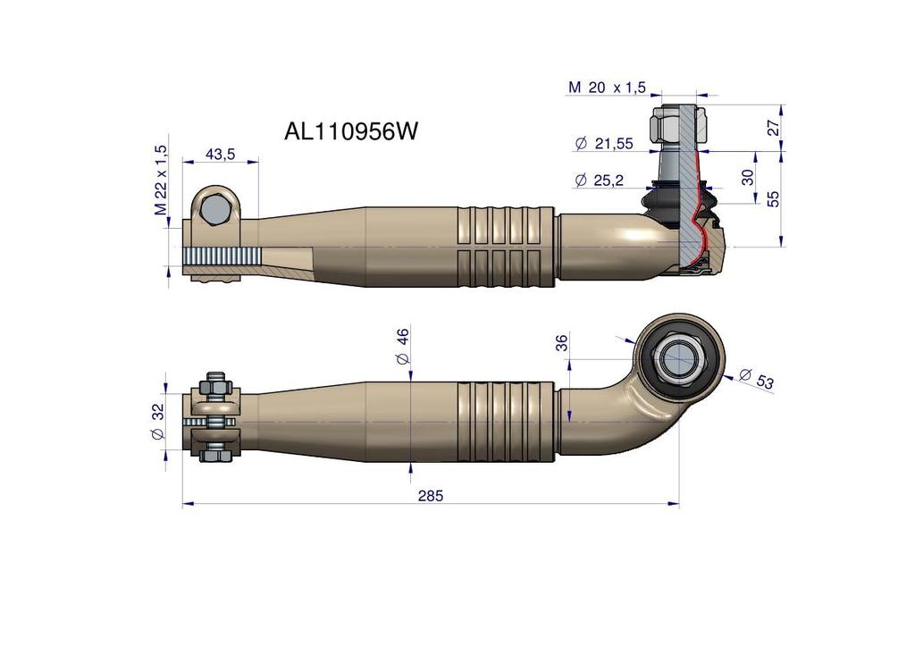 Right steering joint 285mm - M22x1.5 AL110956 WARYŃSKI