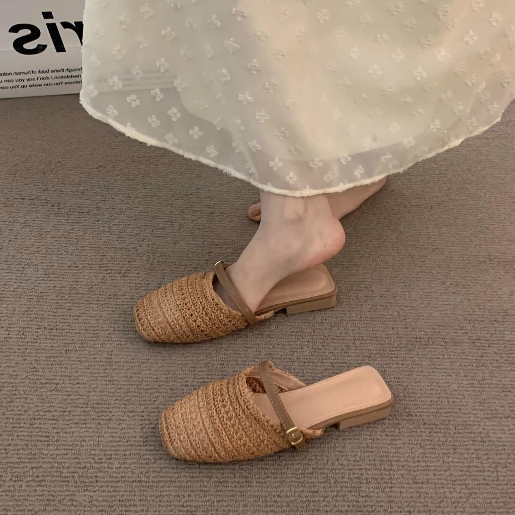 Evening Wind Flat Bottom Niche Woven Half Slippers Women's Outer Wear Spring and Summer Gentle Bag Head Cool Slippers