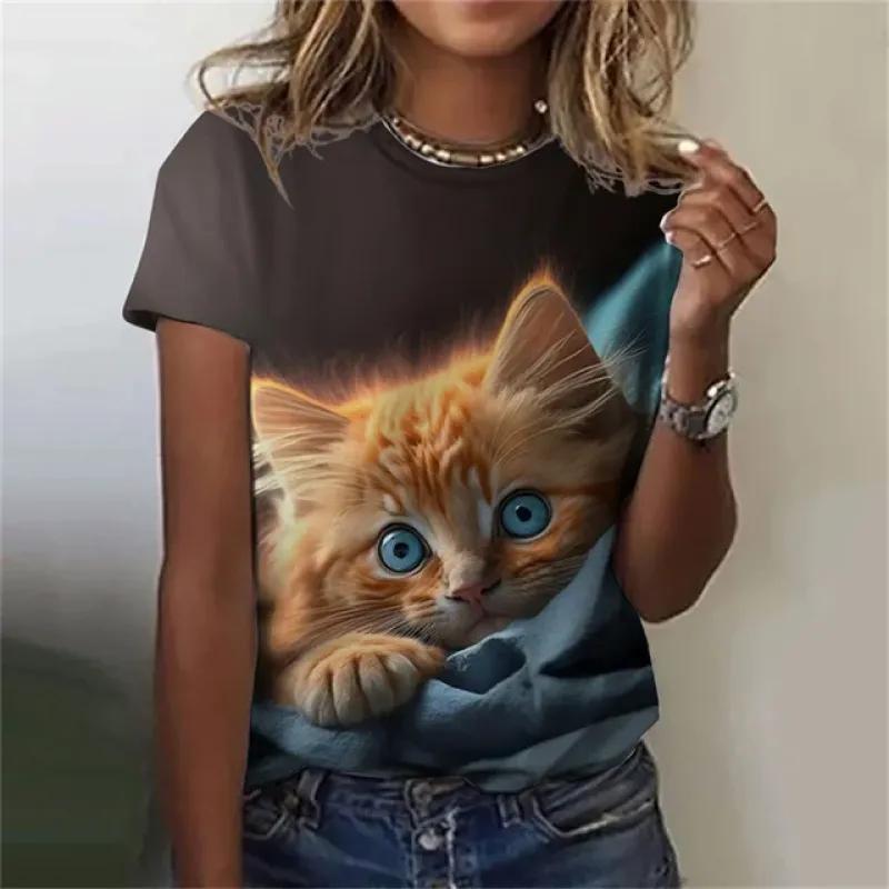 Fashion Women's T-shirt 3D Printed Kawaii Cat Pattern Short Sleeved Round Neck Top Summer Outdoor Casual Street Simple Clothing 4126 KTB