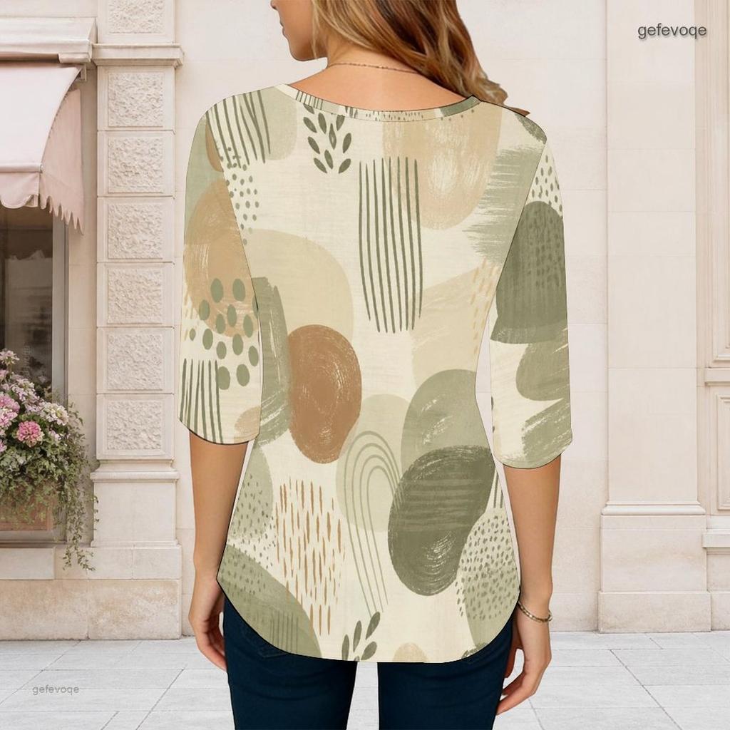 Women Plus Size Round Neck Elbow Length Multicolor Printed Curved Hem T Shirt