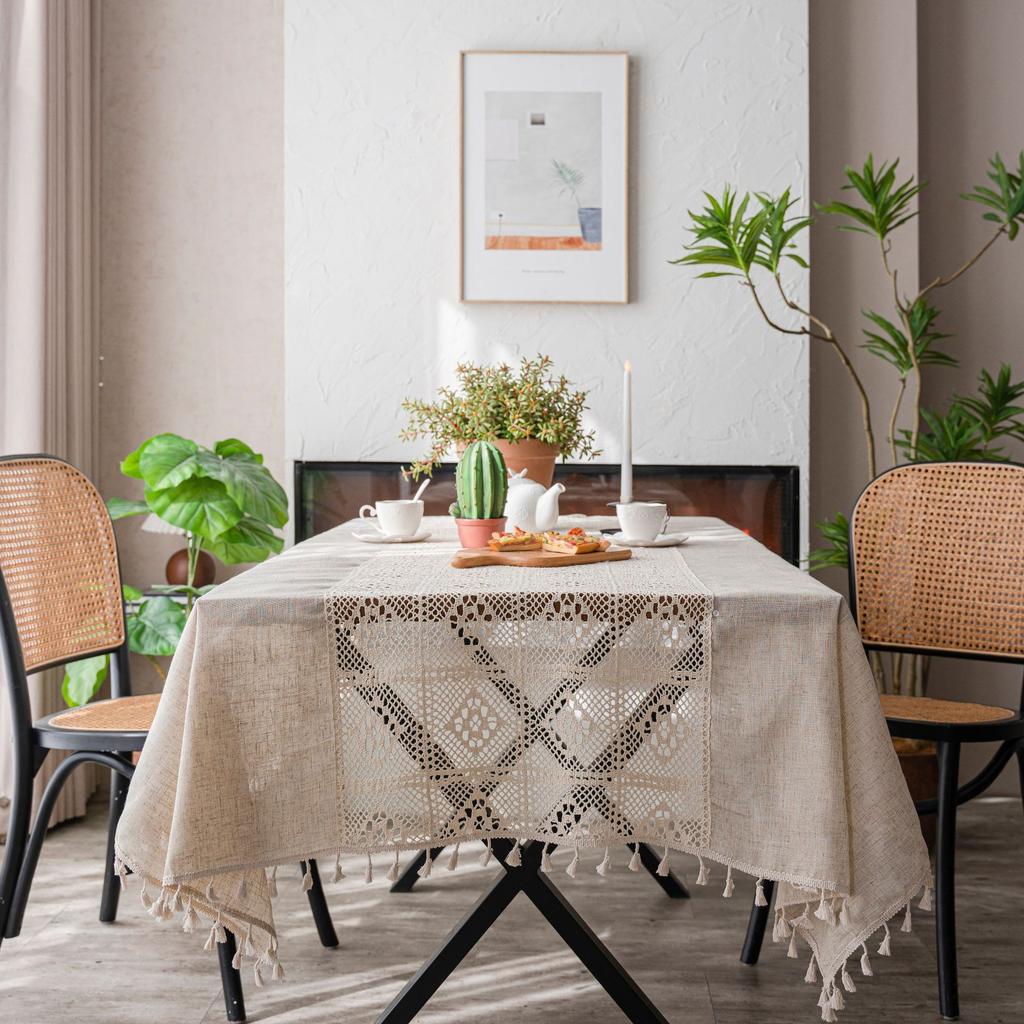 Tablecloth White Plain Color Contrast Hollow Splicing Table Cloth Restaurant Tablecloth