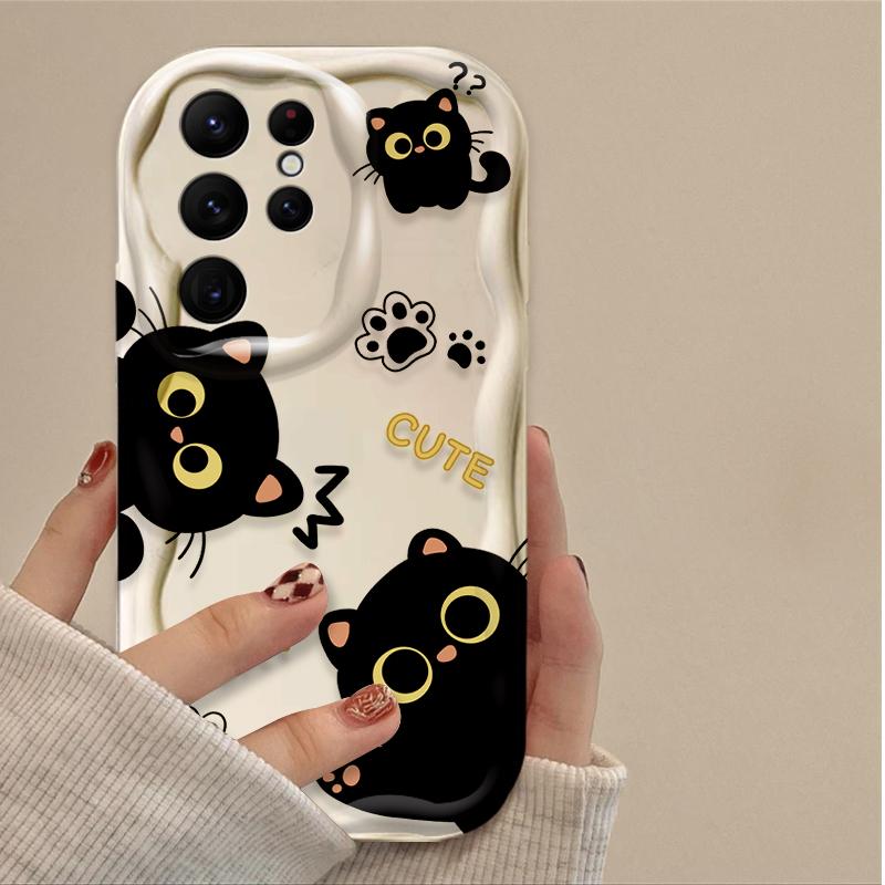 Мультяшный чехол с большими глазами черного кота для Samsung Galaxy S25 S24 Ultra S23 S22 S21 S20 Plus FE A56 A36 A26 A17 A07 Мягкий силиконовый чехол