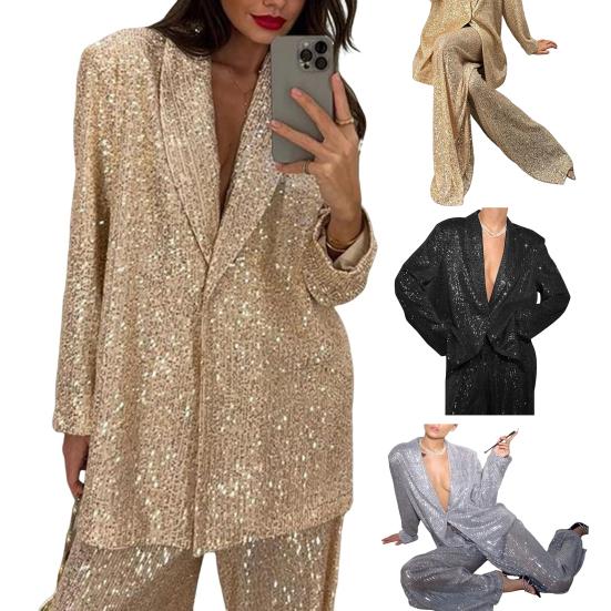 Женская рубашка с пайетками, брюки, лацкан, V-образный вырез, мешковатая, с длинным рукавом, средняя длина