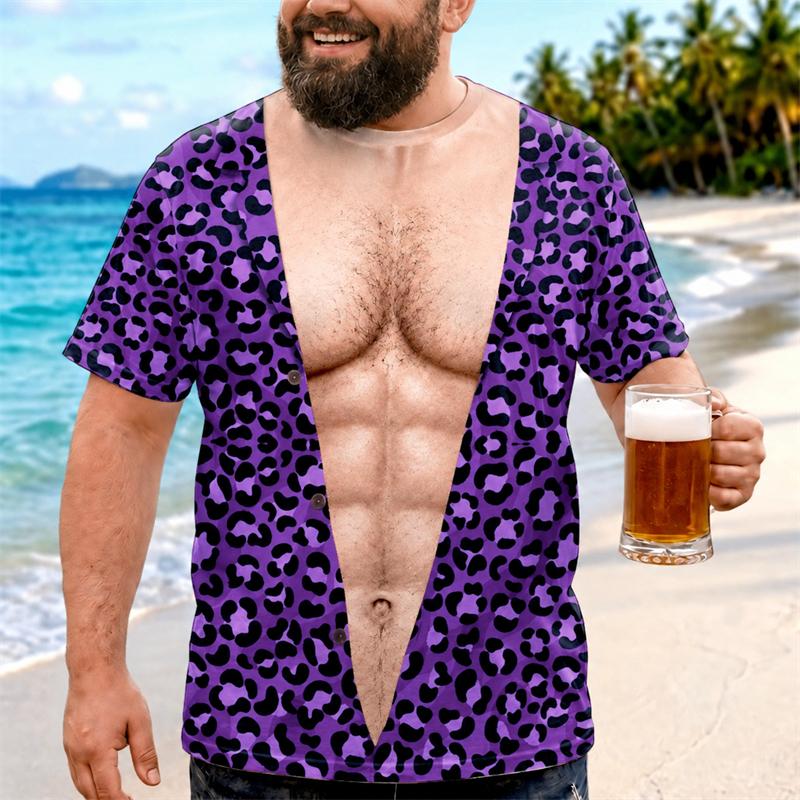 Novelty Funny Fake Abdomen Visual Print T Shirt Men 3d Print Leopard Pattern Short Sleeve Tee Casual Summer Seaside Party Tops