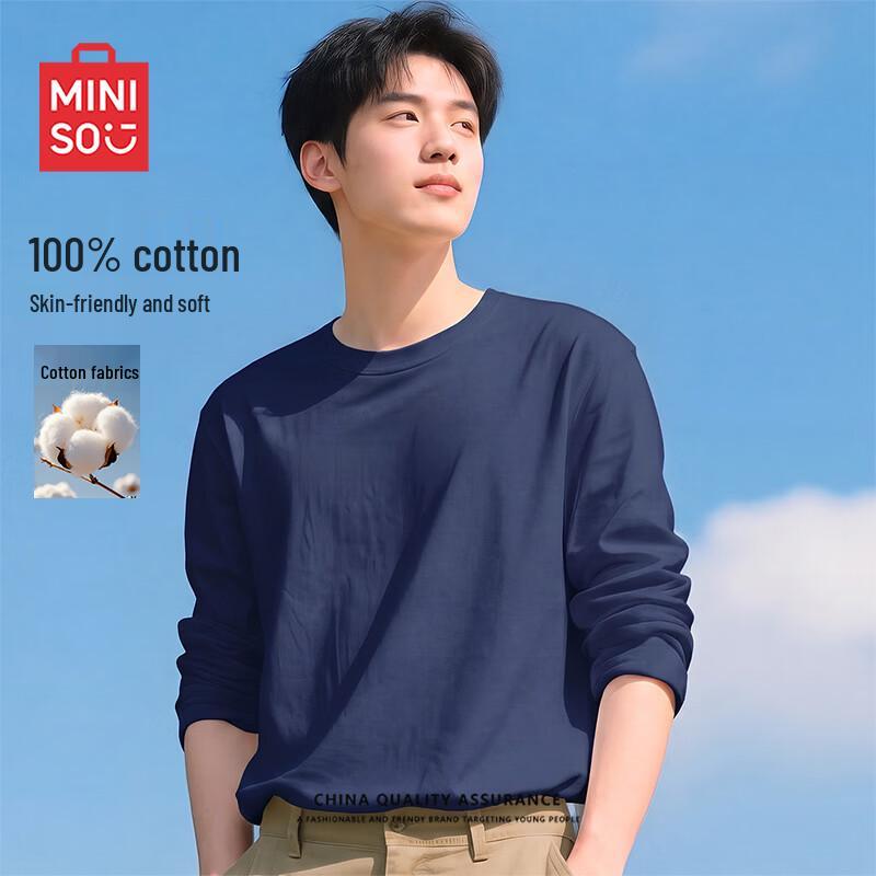 MINISO Мужская футболка с длинным рукавом и круглым вырезом из чистого хлопка