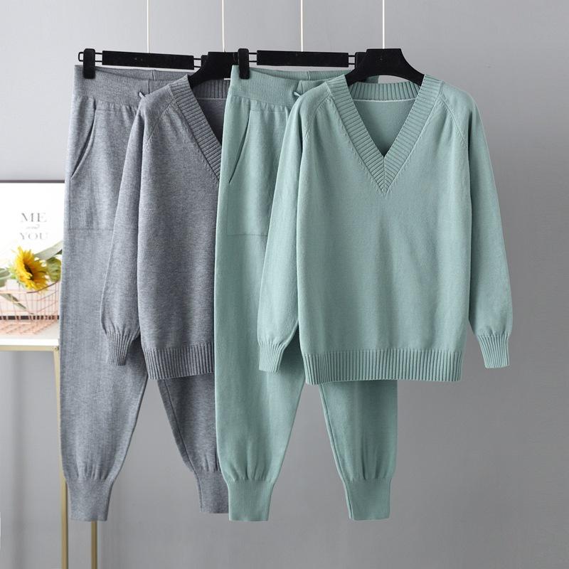 Autumn Winter V Neck Solid Color Long Sleeve Sweater Haren Pants Sets For Ladies Casual All Match Pullover Suit