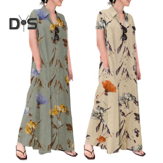 Женское летнее платье трапециевидной формы с лацканами, свободная рубашка с цветочным принтом, с короткими рукавами на пуговицах и боковыми карманами, длинное платье до щиколотки