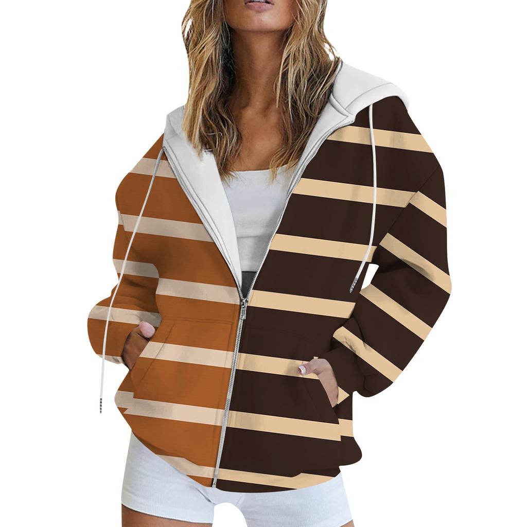 Women's Long Sleeve Print Sweatshirt Long Sleeve Pocket Jacket Zipper Hoodie Coat