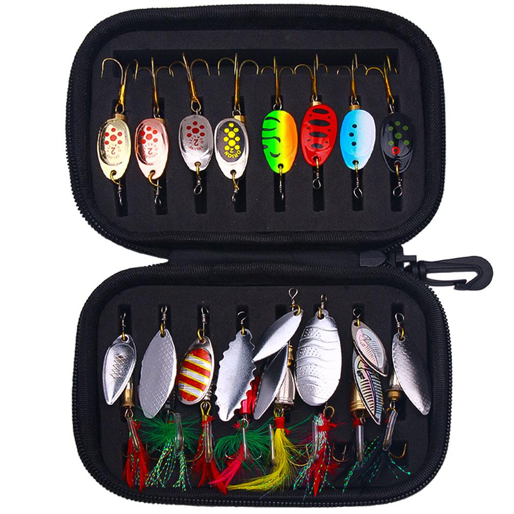16PCS Rotate Spinnerbait Metal Spoon Spinner Fishing Lure Hard Bait With Feather Treble Hooks with Bag Spinnerbait Tackle