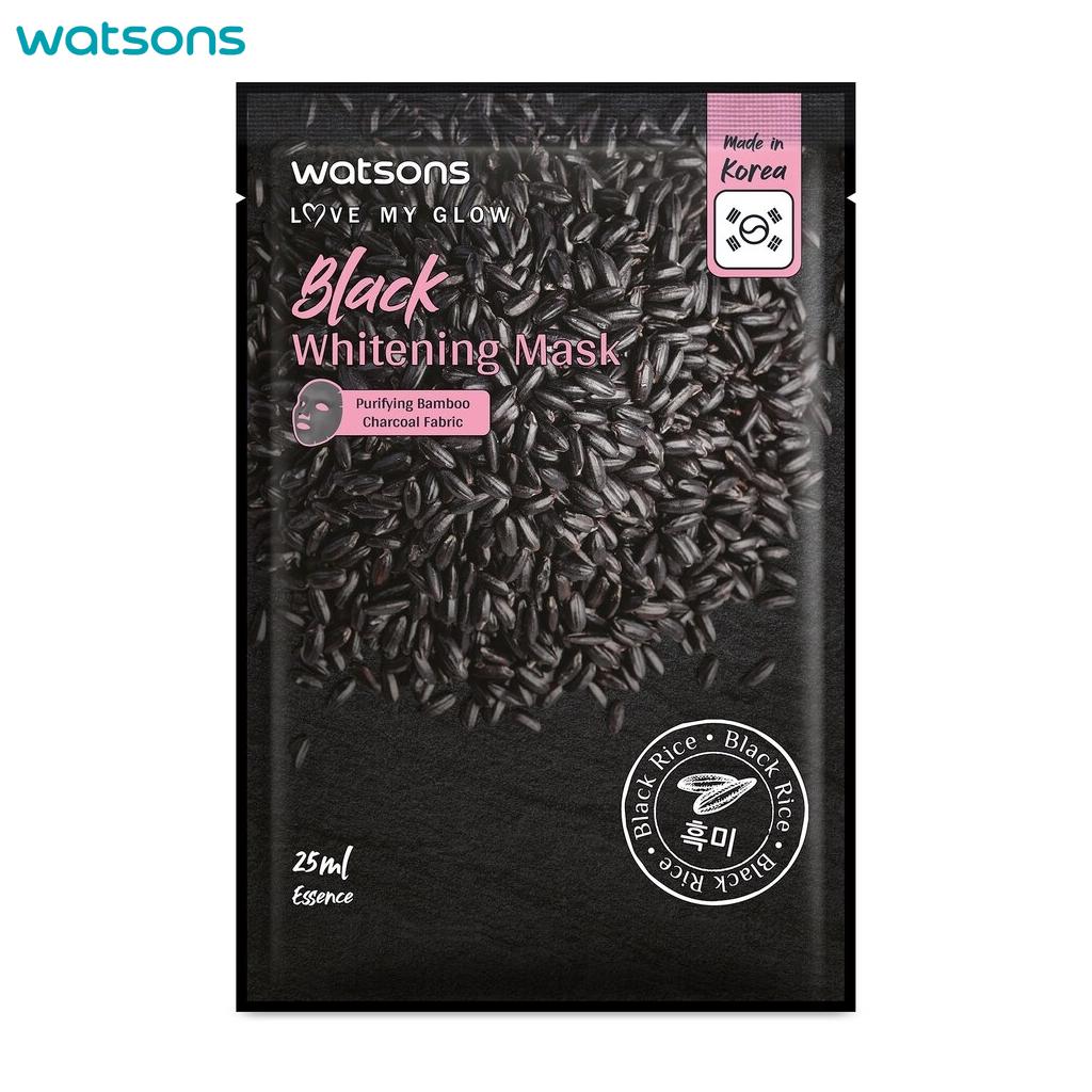 Watsons Love My Glow Black Whitening Mask, Purify Bamboo Charcoal Fabric, Black Rice, 25 Ml. X 3 Pcs - Facial Mask, Mask Sheet